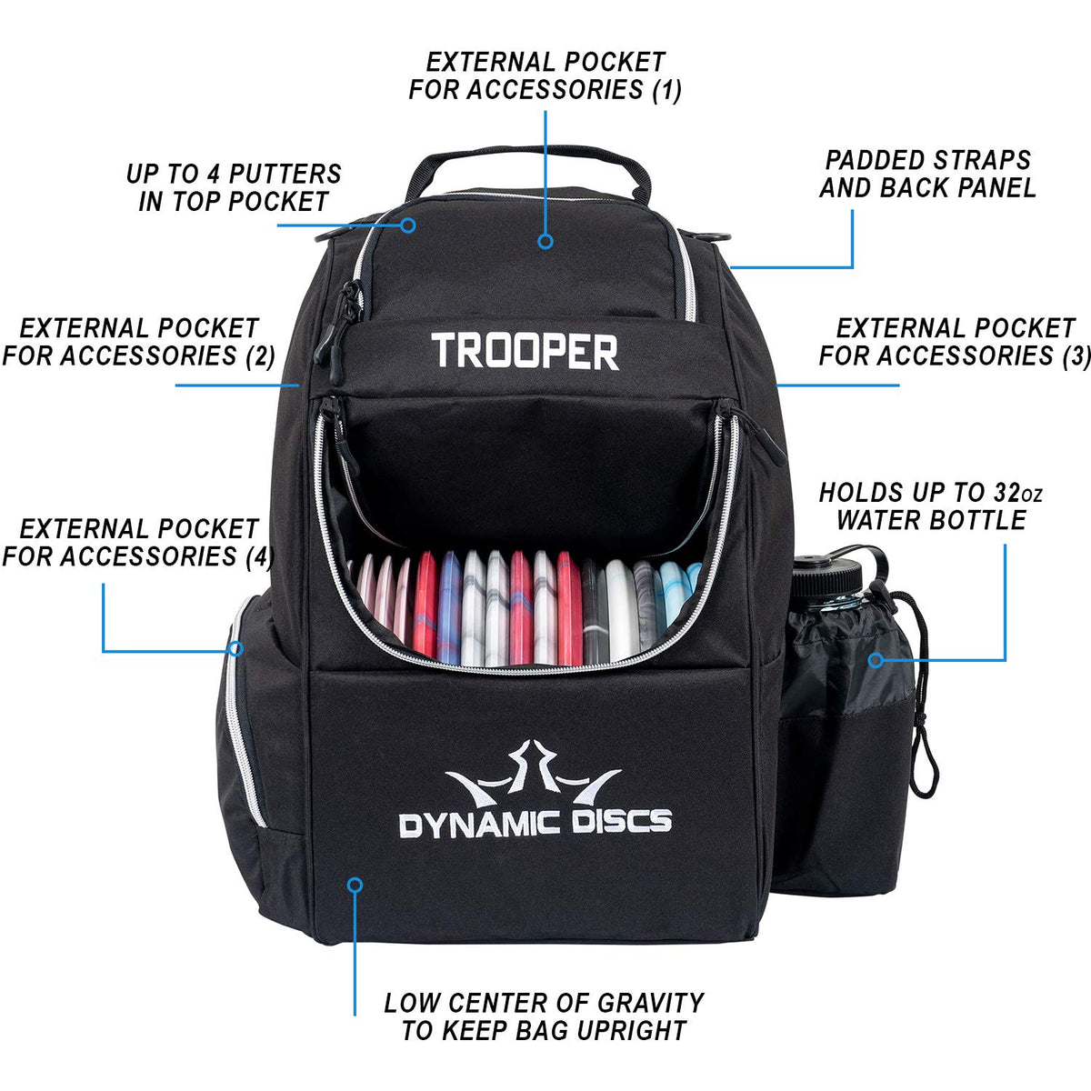 Dynamic Discs Trooper backpack upper pocket for extra gear and layers