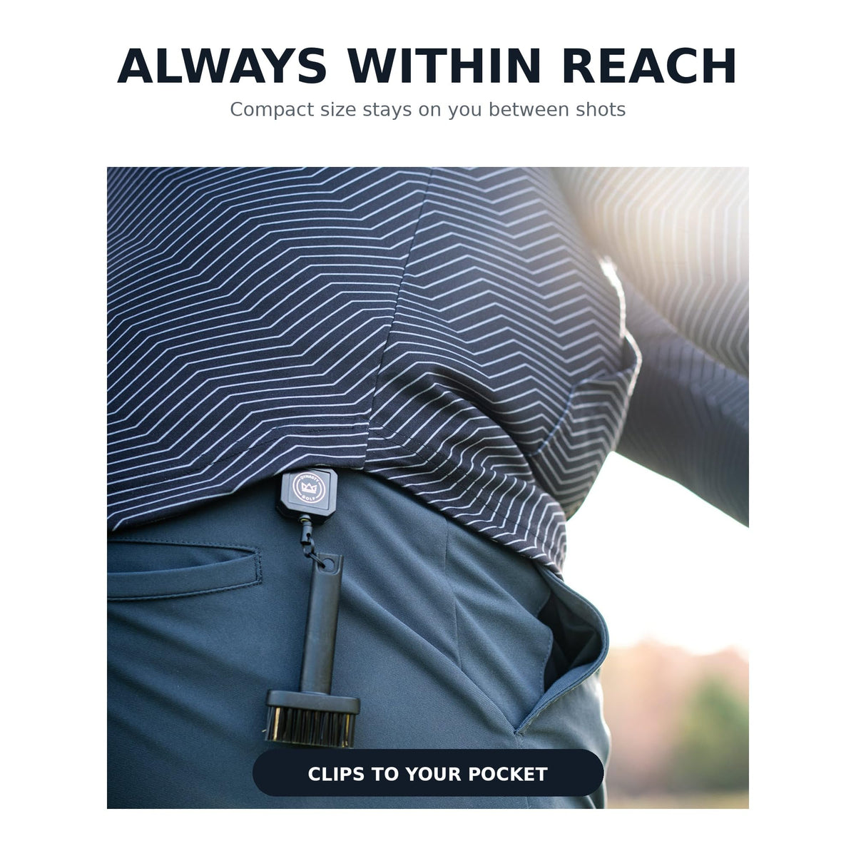 Dynasty Golf clip-on bag brush stays within reach for instant club face refresh.