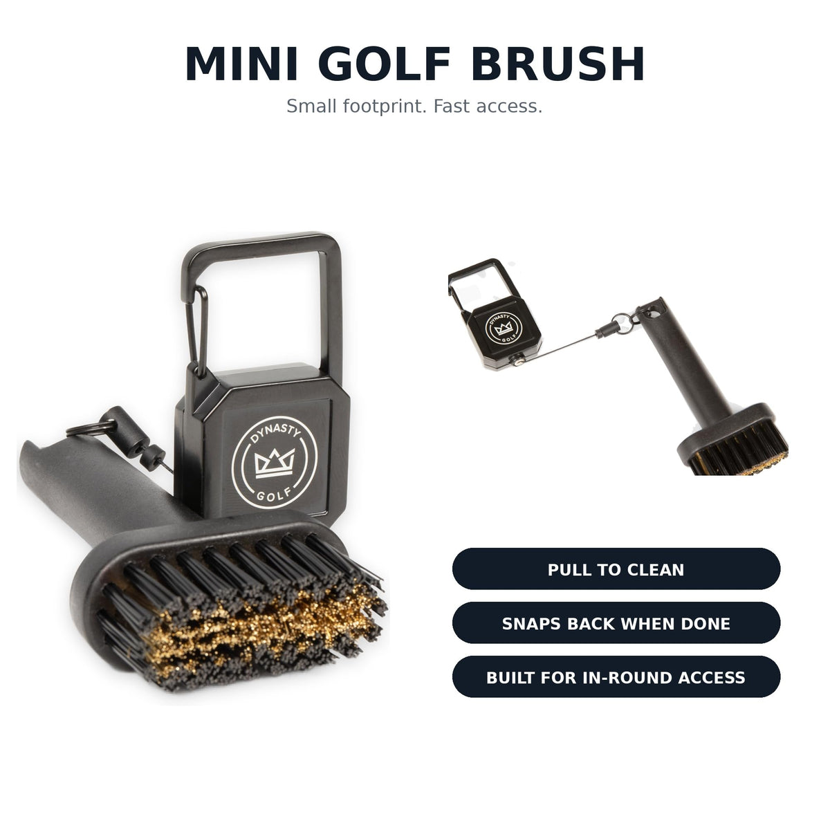 Dynasty Golf compact design fits any bag for easy, portable cleaning.