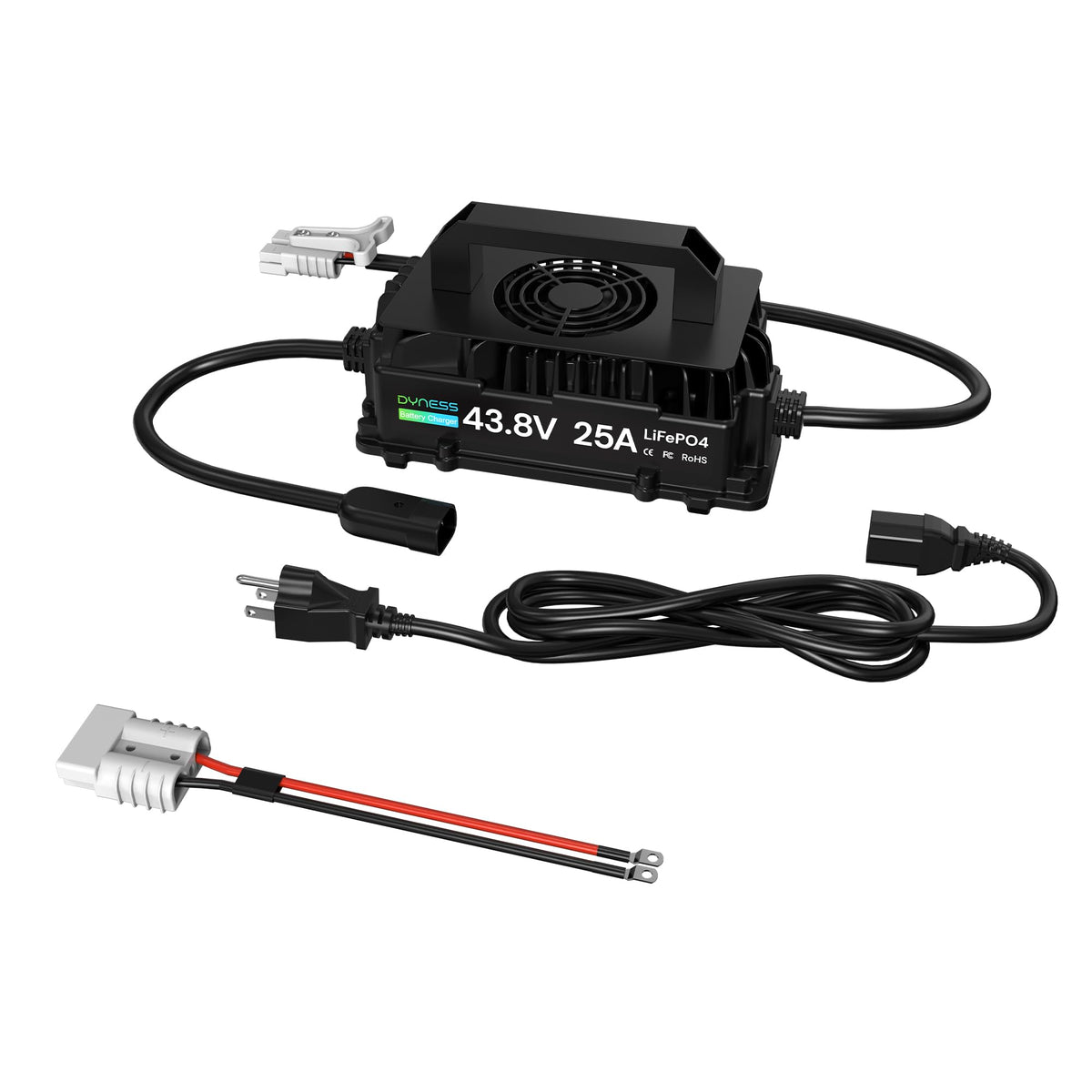 Dyness 36V charger top view with rugged IP67 housing for outdoor use