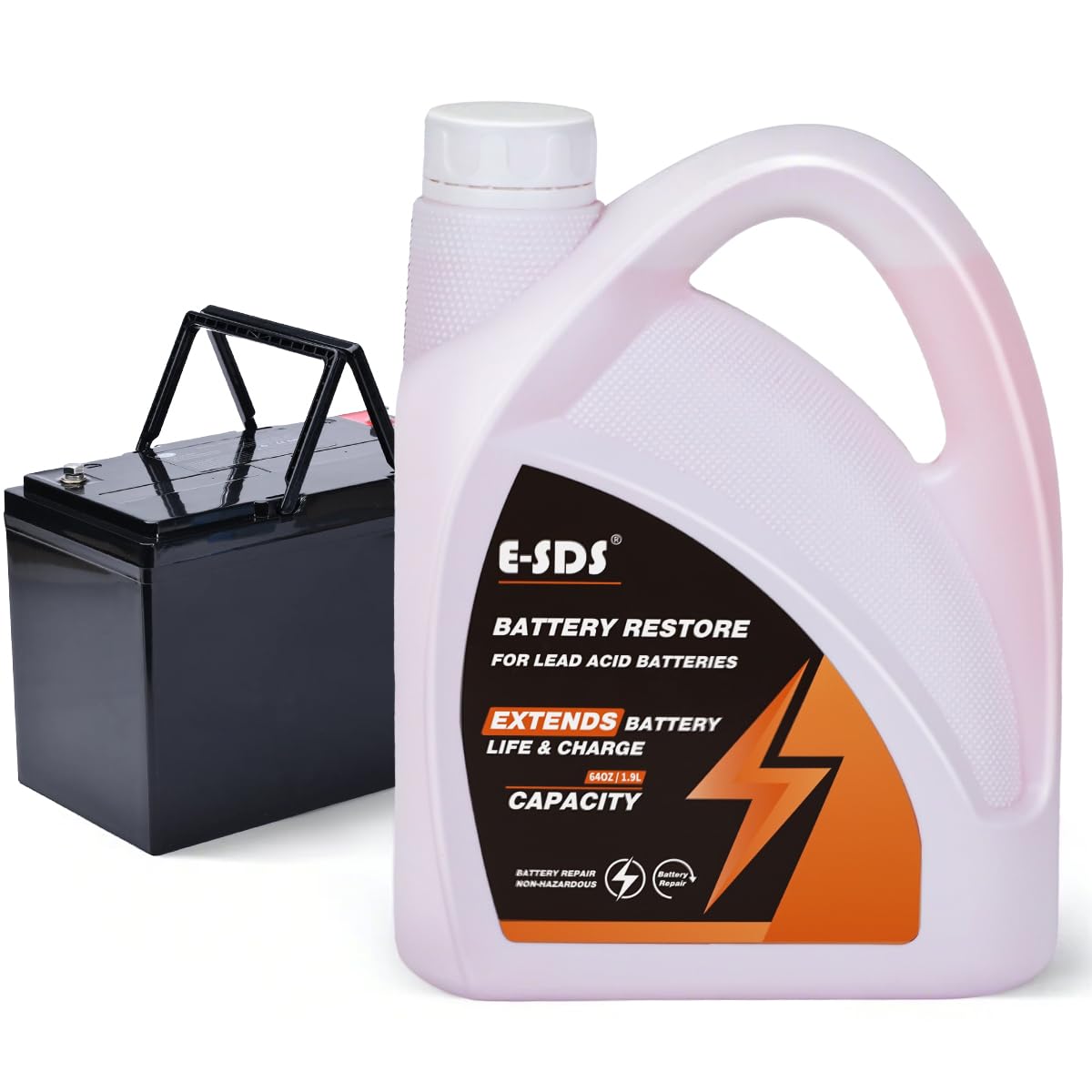 E-SDS Battery Restore bottle pour demonstrates easy application for lead-acid batteries