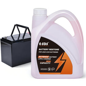 E-SDS Battery Restore bottle pour demonstrates easy application for lead-acid batteries