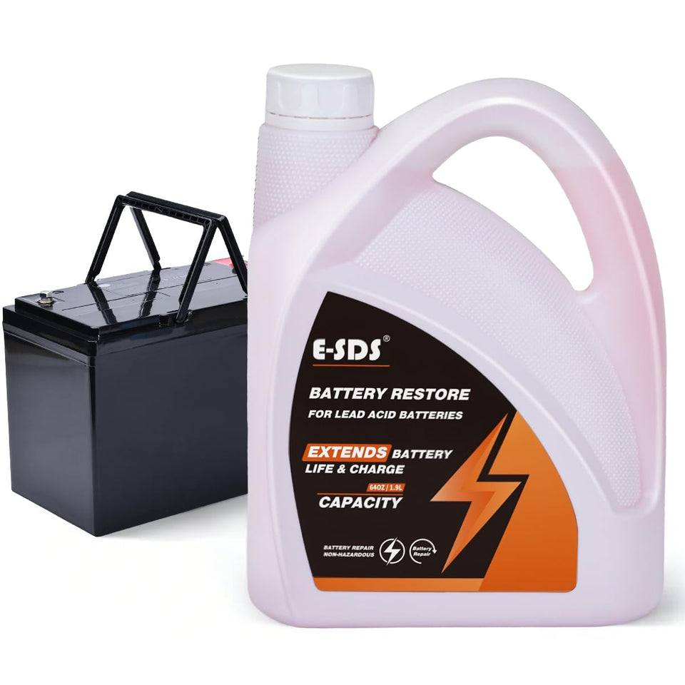 E-SDS Battery Restore bottle pour demonstrates easy application for lead-acid batteries