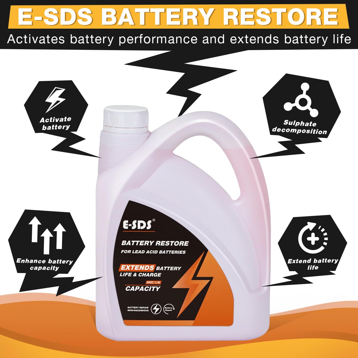 E-SDS Battery Restore label close-up showing product name and usage notes