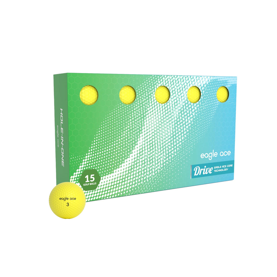 Eagle Ace Drive ball with dual-layer cover offers increased spin around greens and reliable feel.