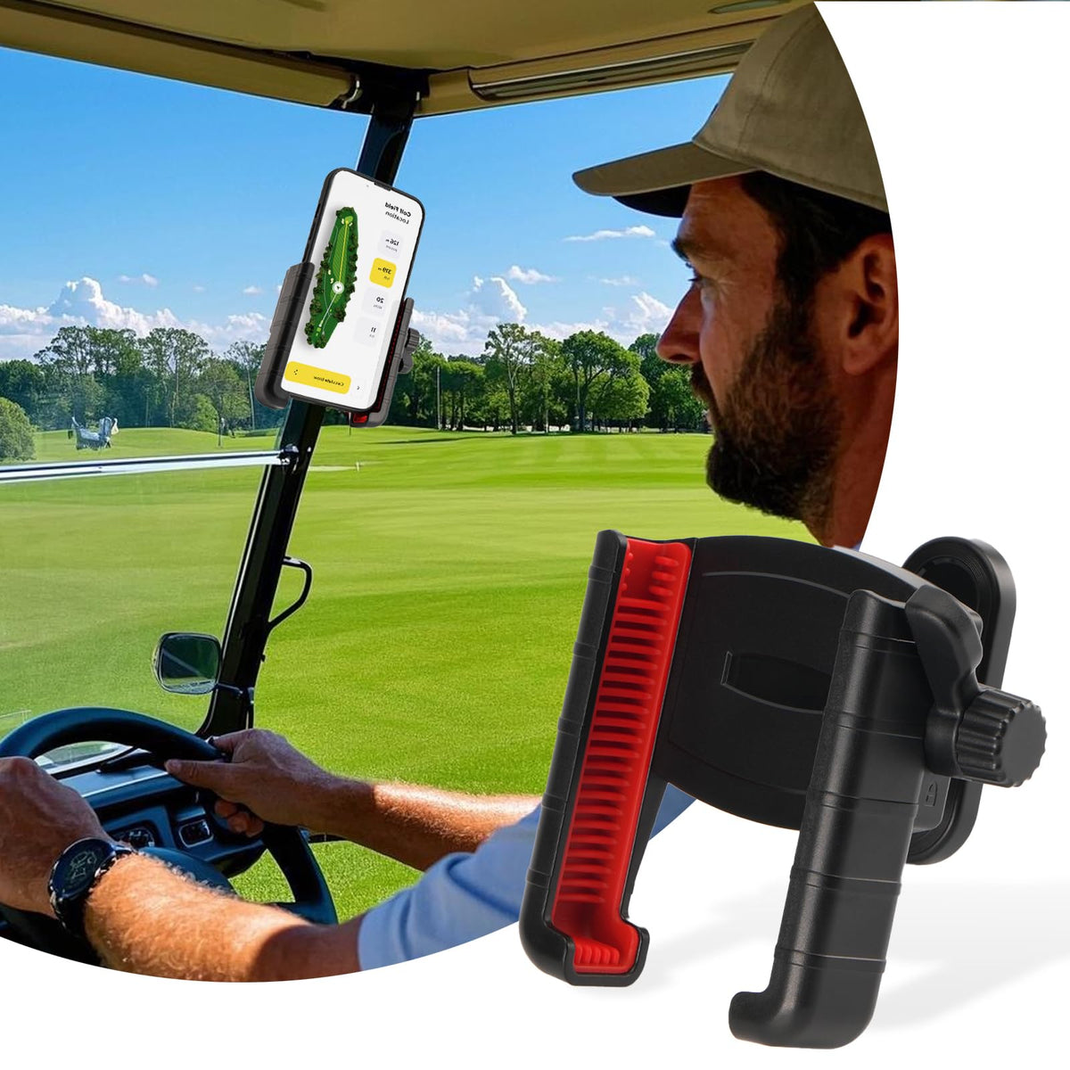 EagleFlight magnet phone holder mounted on a golf cart securing iPhone 15 Pro on rough terrain