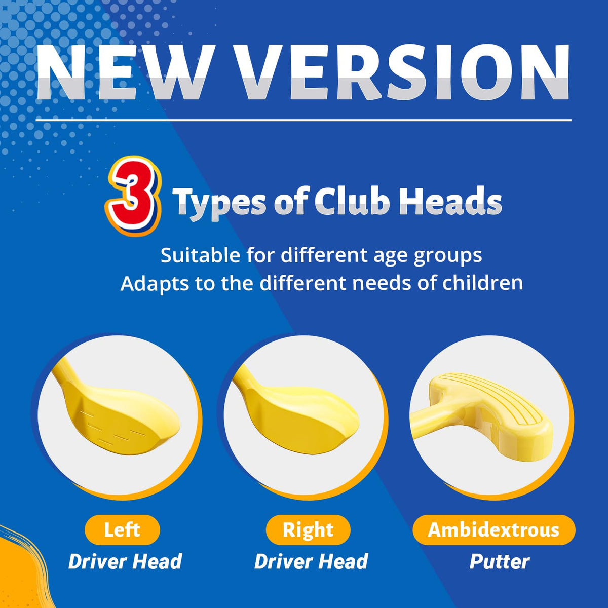 EagleStone interchangeable heads for left- and right-handed play.