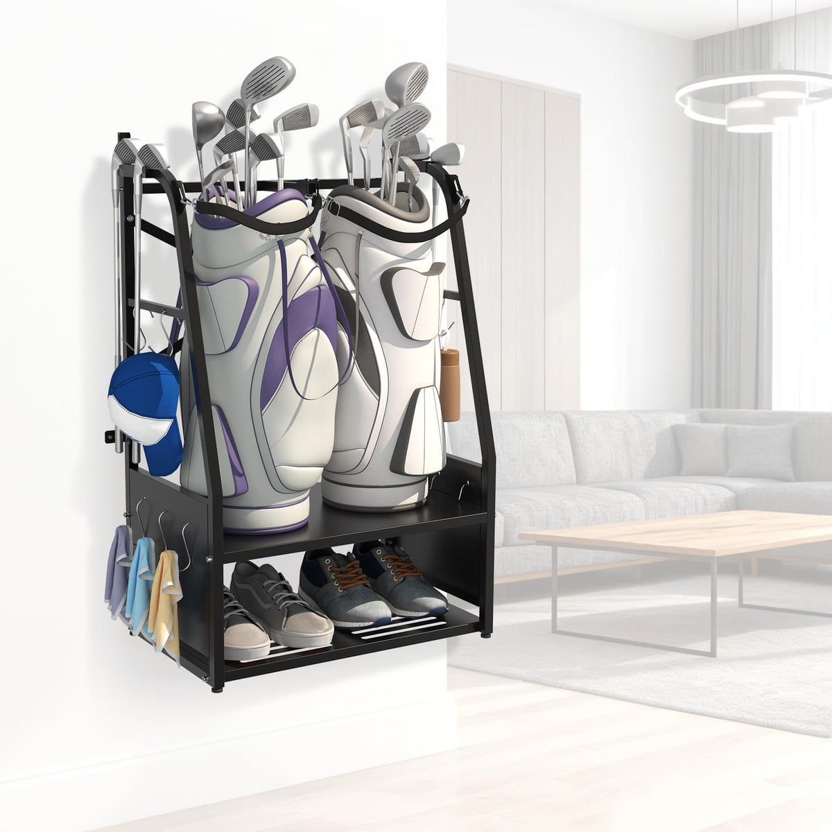 Eastrexon Golf Bag Organizer in a garage or gym setup showing versatility