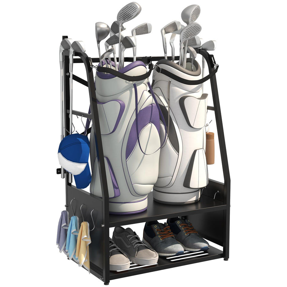 Eastrexon Golf Bag Organizer on wall-mount displaying two bags for space-saving storage