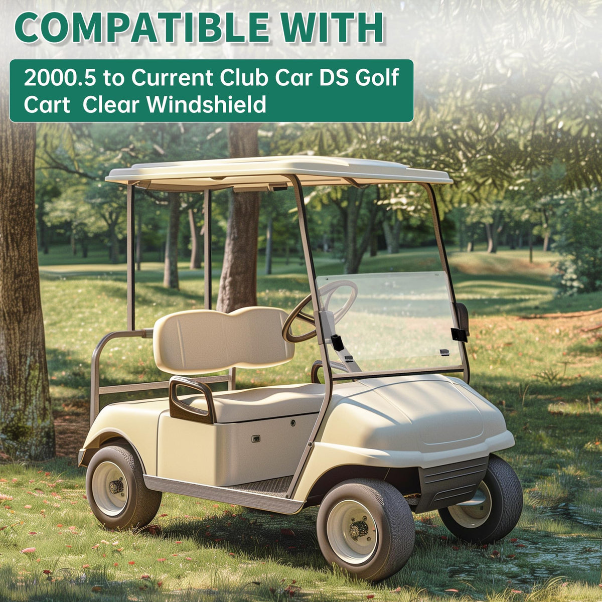 ECOTRIC fold-down windshield on Club Car DS enables quick, secure stowage