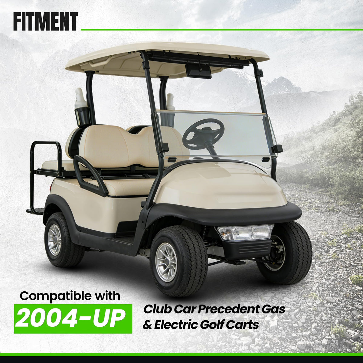 ECOTRIC front seat bottom beige on golf cart demonstrates quick bolt-on replacement.