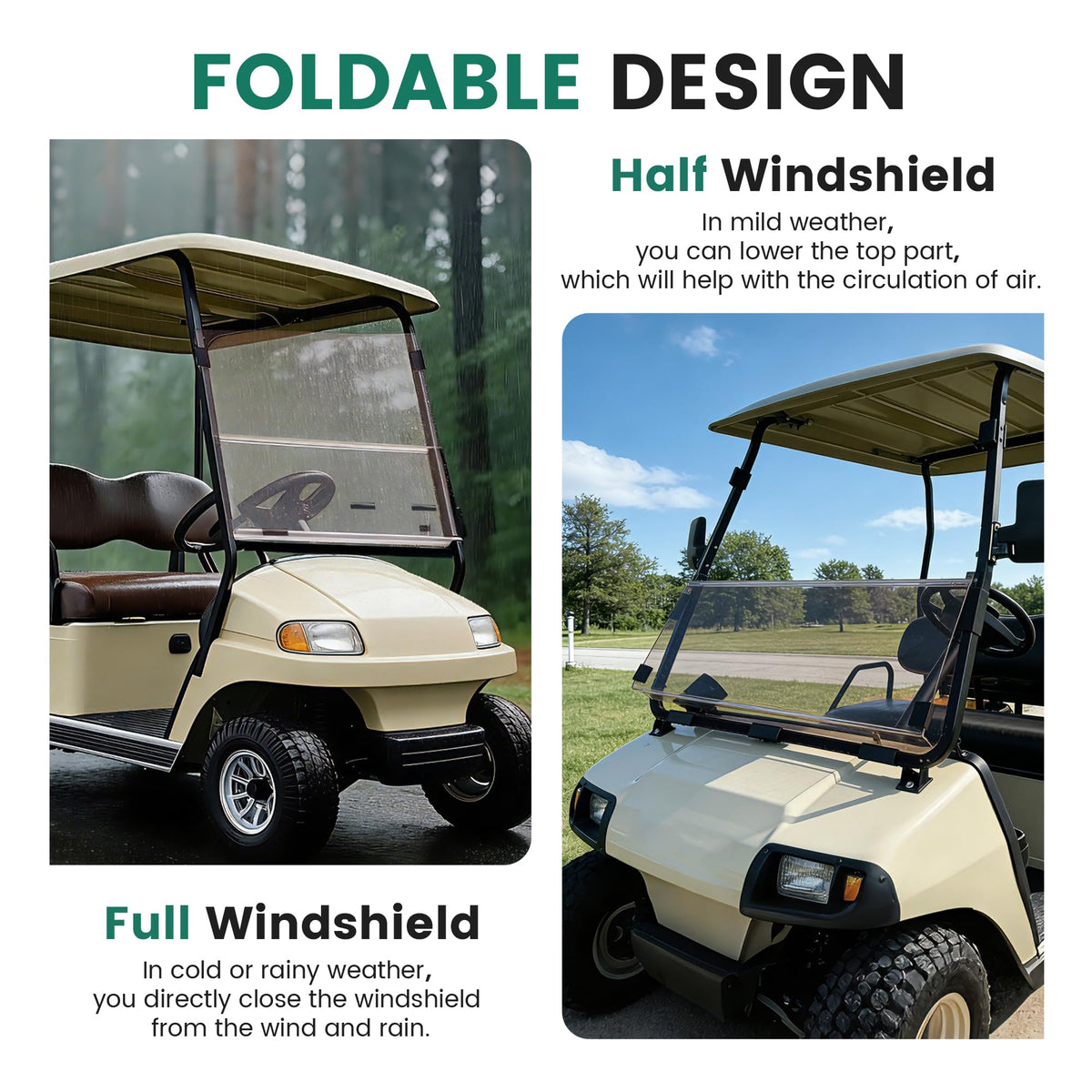 ECOTRIC high-clarity acrylic windshield provides clear view and durability.