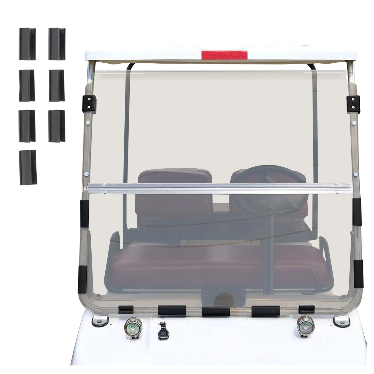 ECOTRIC tinted windshield on a Club Car DS front view reduces glare while driving.