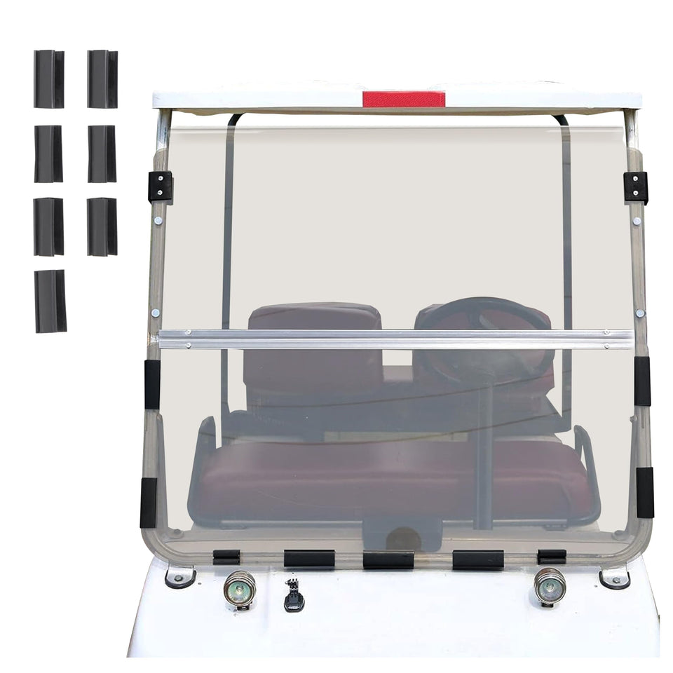 ECOTRIC tinted windshield on a Club Car DS front view reduces glare while driving.