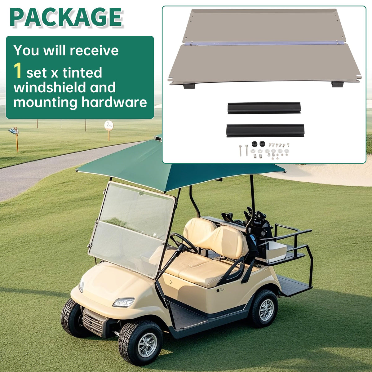 ECOTRIC windshield installed in a Club Car Precedent showing fit and visibility