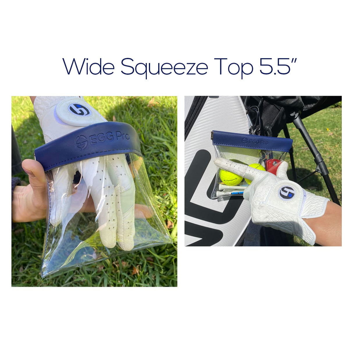 Transparent PU leather top on EGG PRO golf pouch.