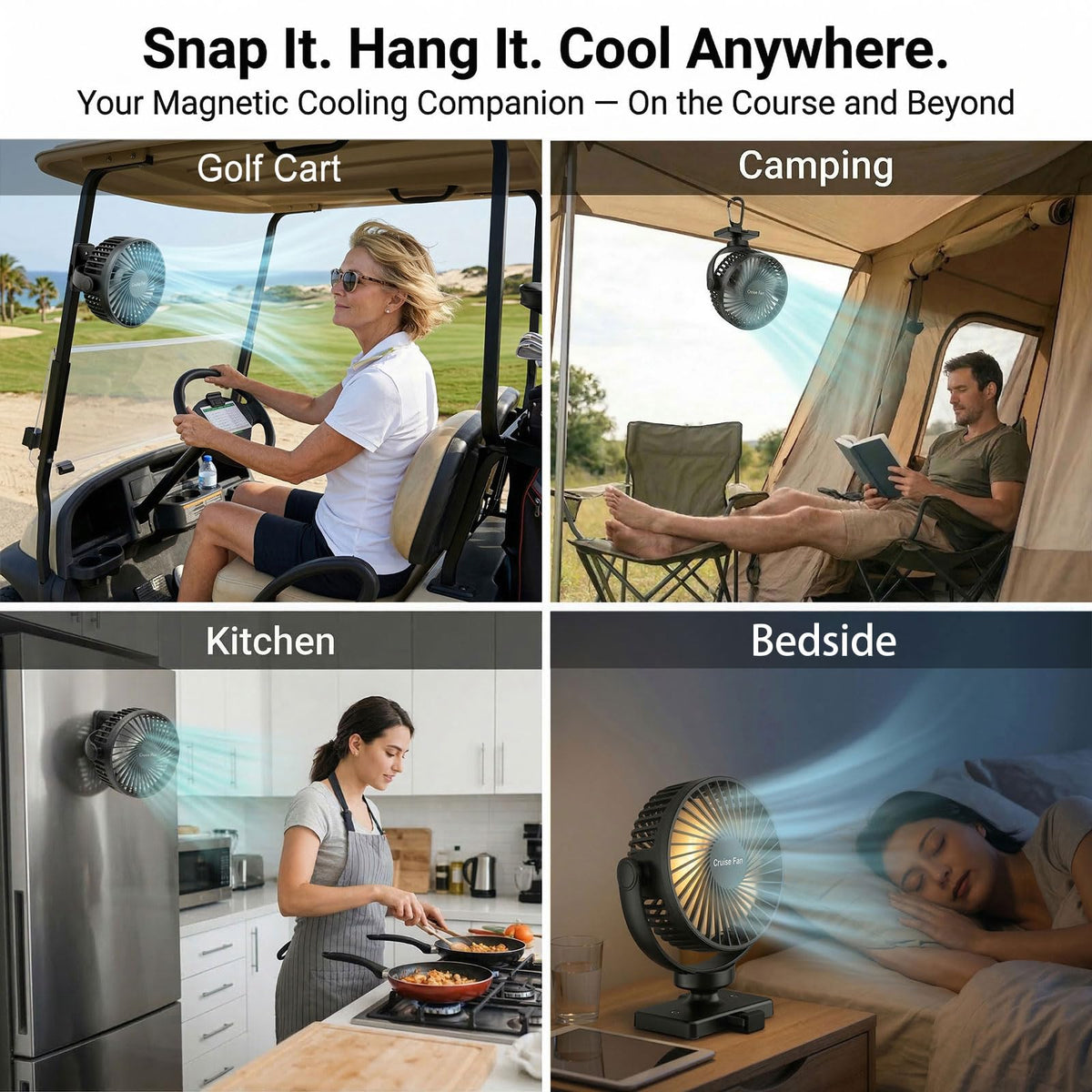 EKCBS golf cart fan mounted on metal surface for secure hold while cooling.