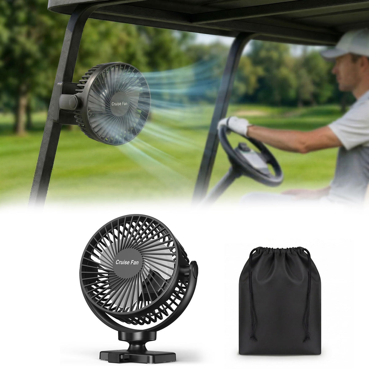 EKCBS magnetic mount secures the fan on a golf cart for steady cooling.