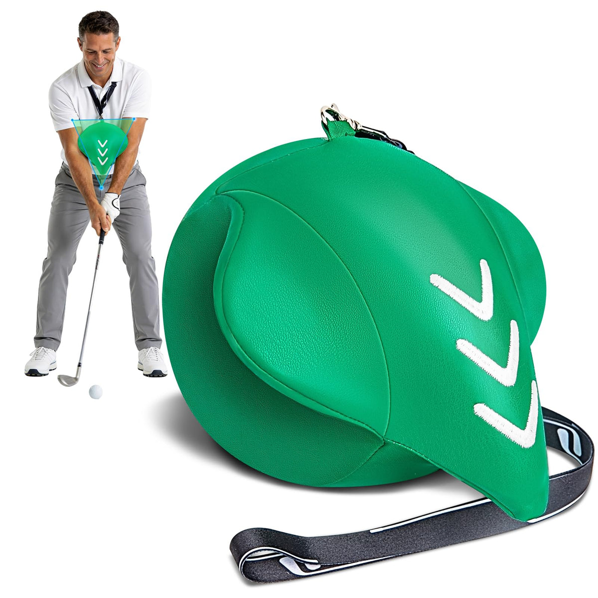EKEPE golf ball between forearms to promote arm-body synchronization and smooth takeaway.