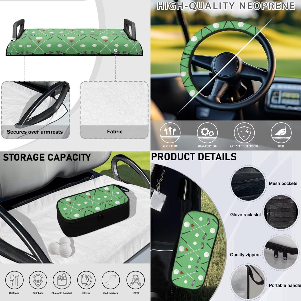 ELEQIN golf ball storage bag highlights organized tee and ball pockets.