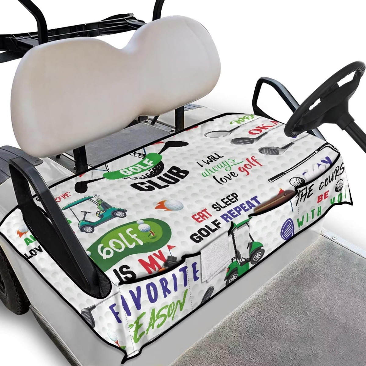 ELEQIN golf cart seat cover shows universal fit and seat protection.