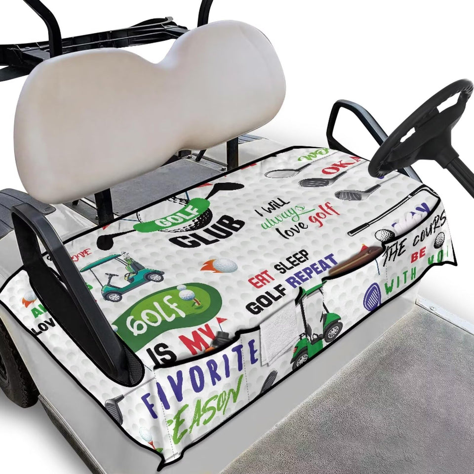 ELEQIN golf cart seat cover shows universal fit and seat protection.