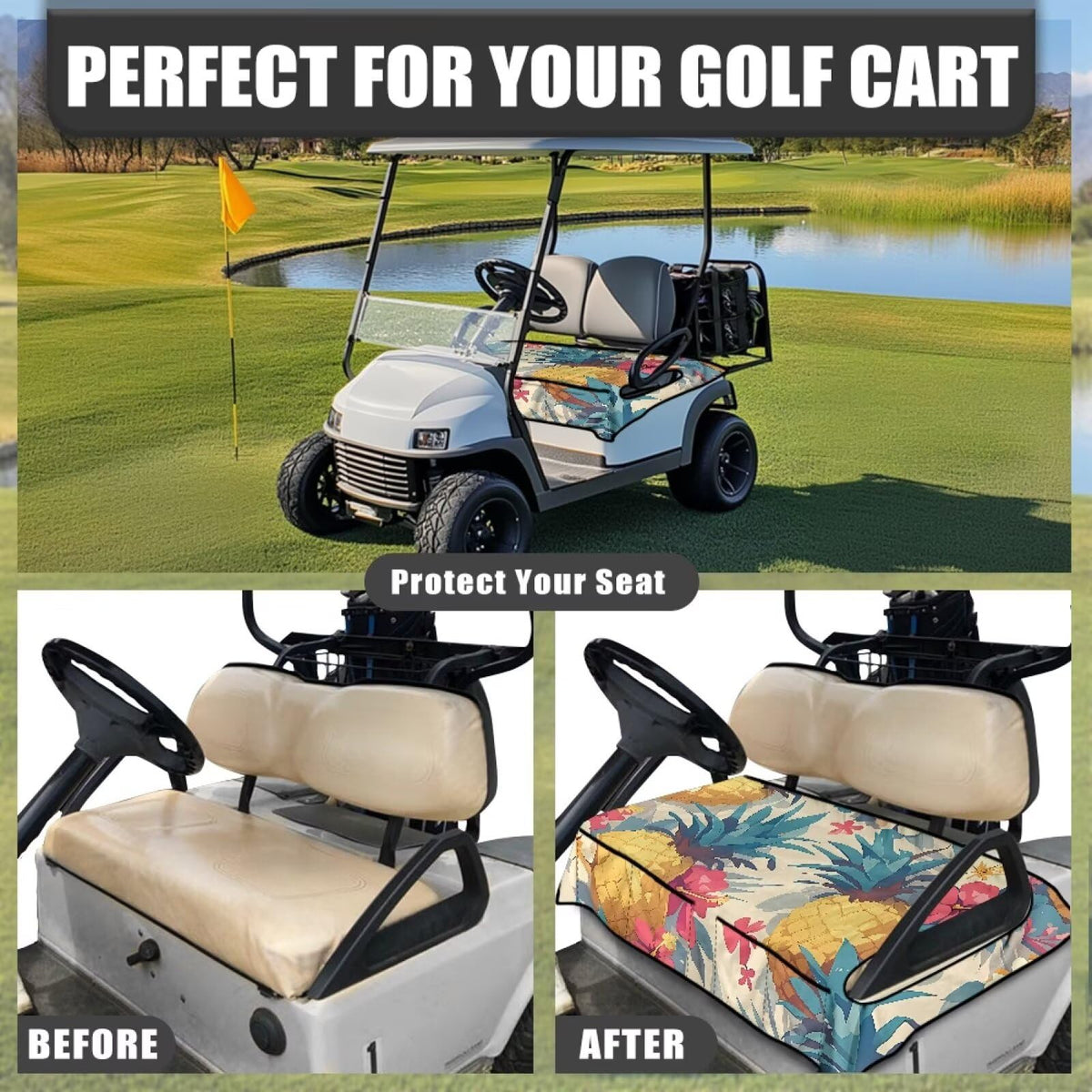 ELEQIN seat cover front pockets for sunglasses, towels, and devices.