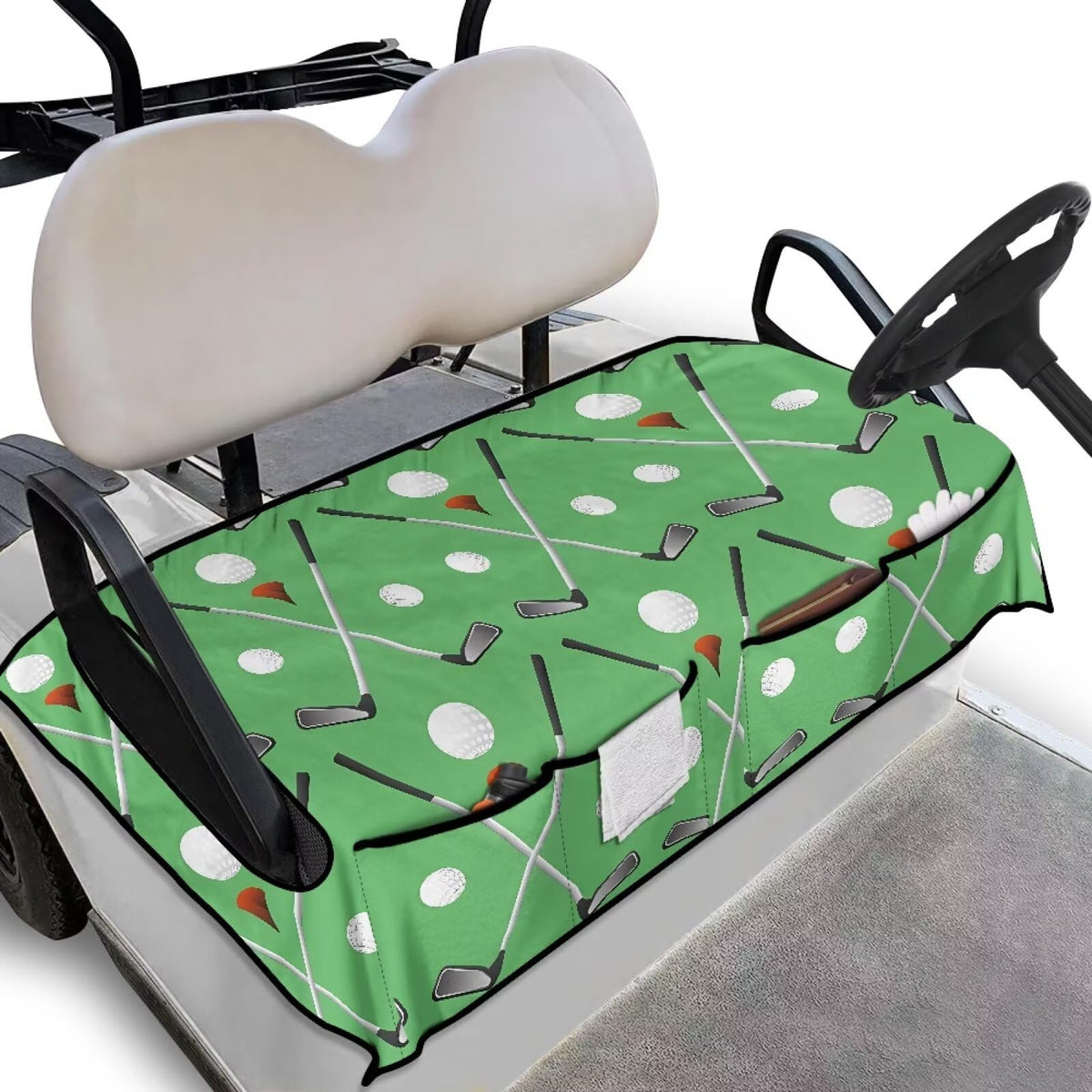 ELEQIN green golf cart seat cover with four pockets for easy storage.