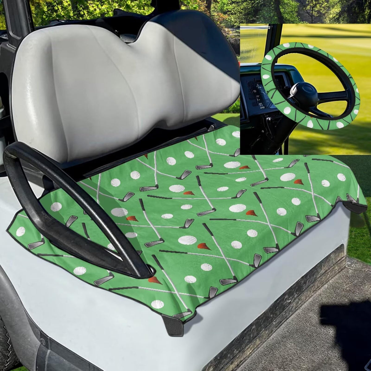 ELEQIN seat cover on golf cart seat demonstrates seat protection from heat and dirt.