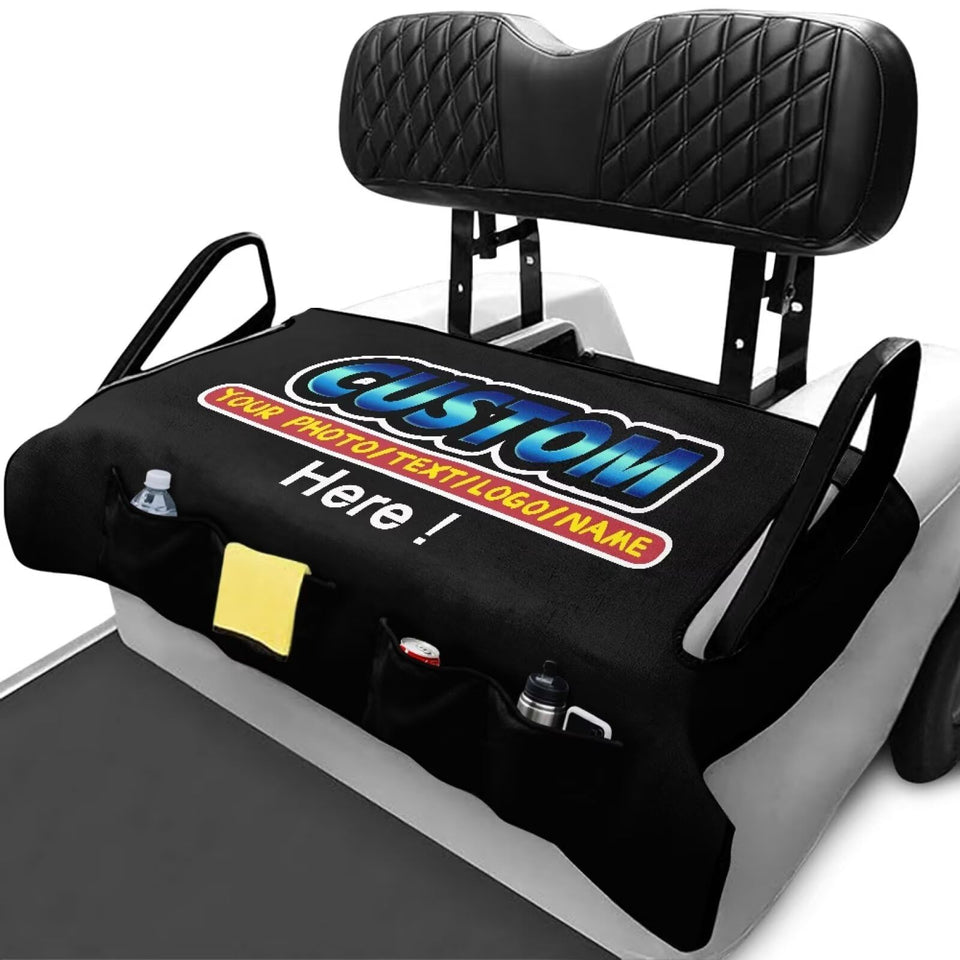 ELEQIN orange seat cover on a golf cart demonstrates universal fit and style.