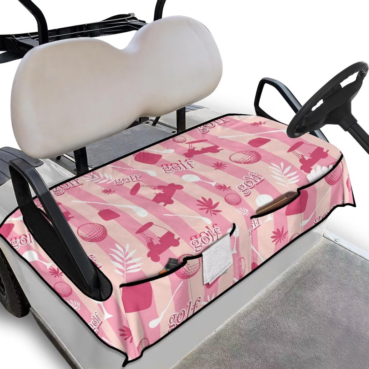 ELEQIN pink golf cart seat cover with four pockets for quick access and organization.