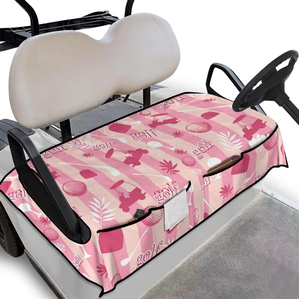 ELEQIN pink golf cart seat cover with four pockets for quick access and organization.