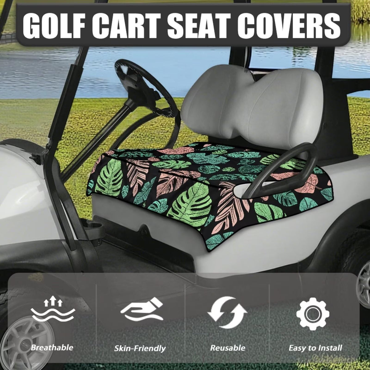 ELEQIN seat cover shows easy one-step installation on golf cart