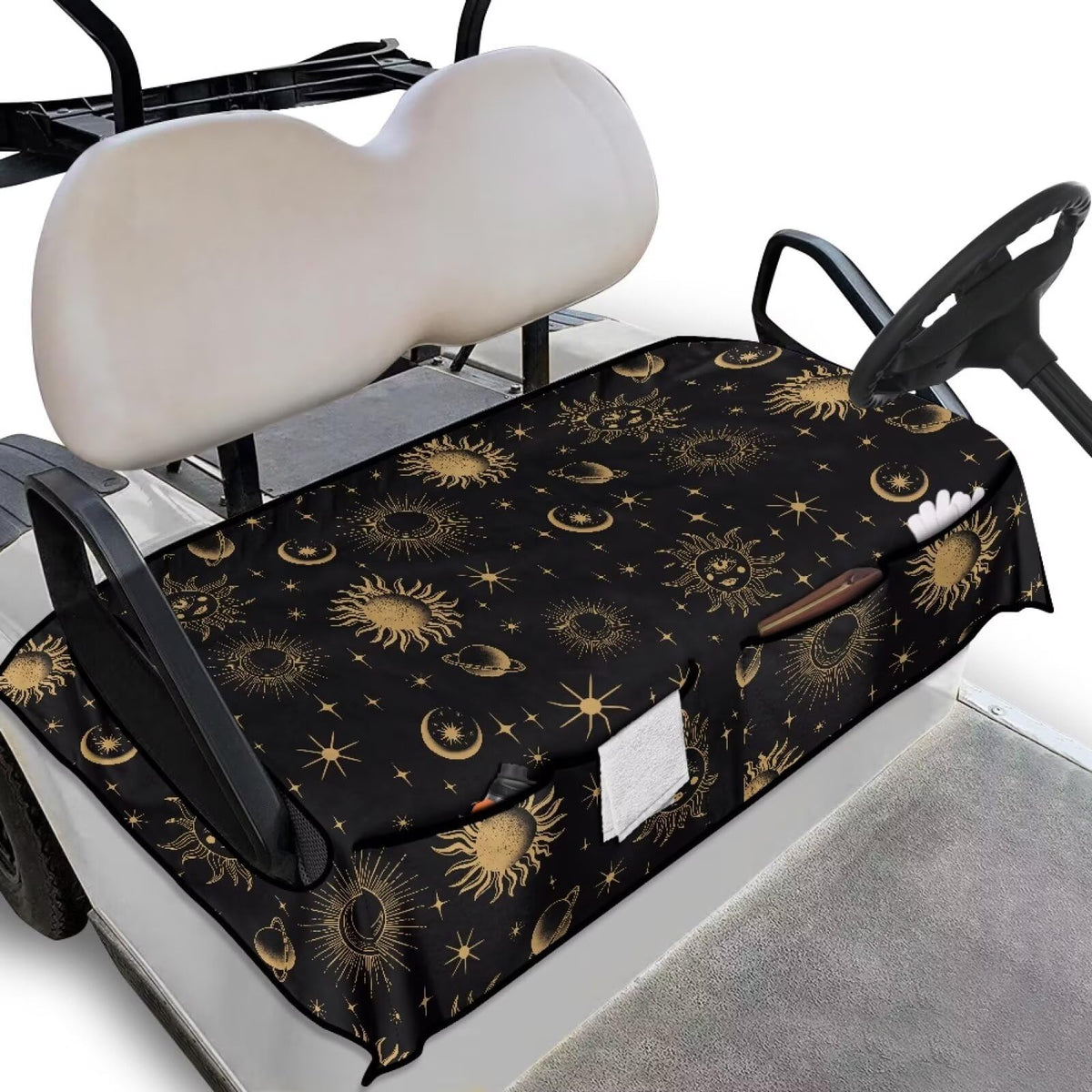 ELEQIN Sun Star Moon seat cover shows universal fit and seat protection.