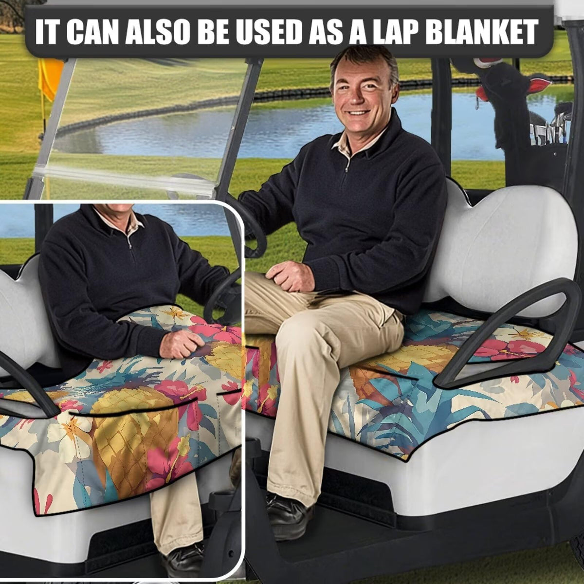 Universal fit ELEQIN seat cover compatible with most two-person golf carts.