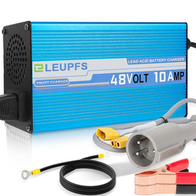 ELEUPFS 10A 48V golf cart charger front view, compact design for Club Car charging.