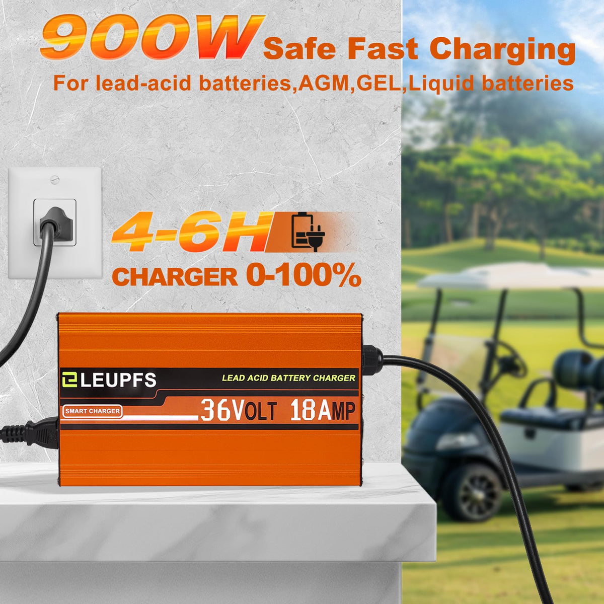 ELEUPFS charger shown with EZGO, Club Car, and Yamaha carts for compatibility.