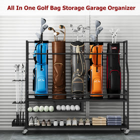 EliteEdge golf bag storage rack dimensions displayed, fits four standard golf bags.