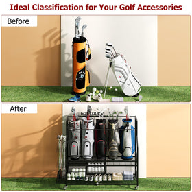 EliteEdge golf bag storage rack in a home garage setup ready for use.
