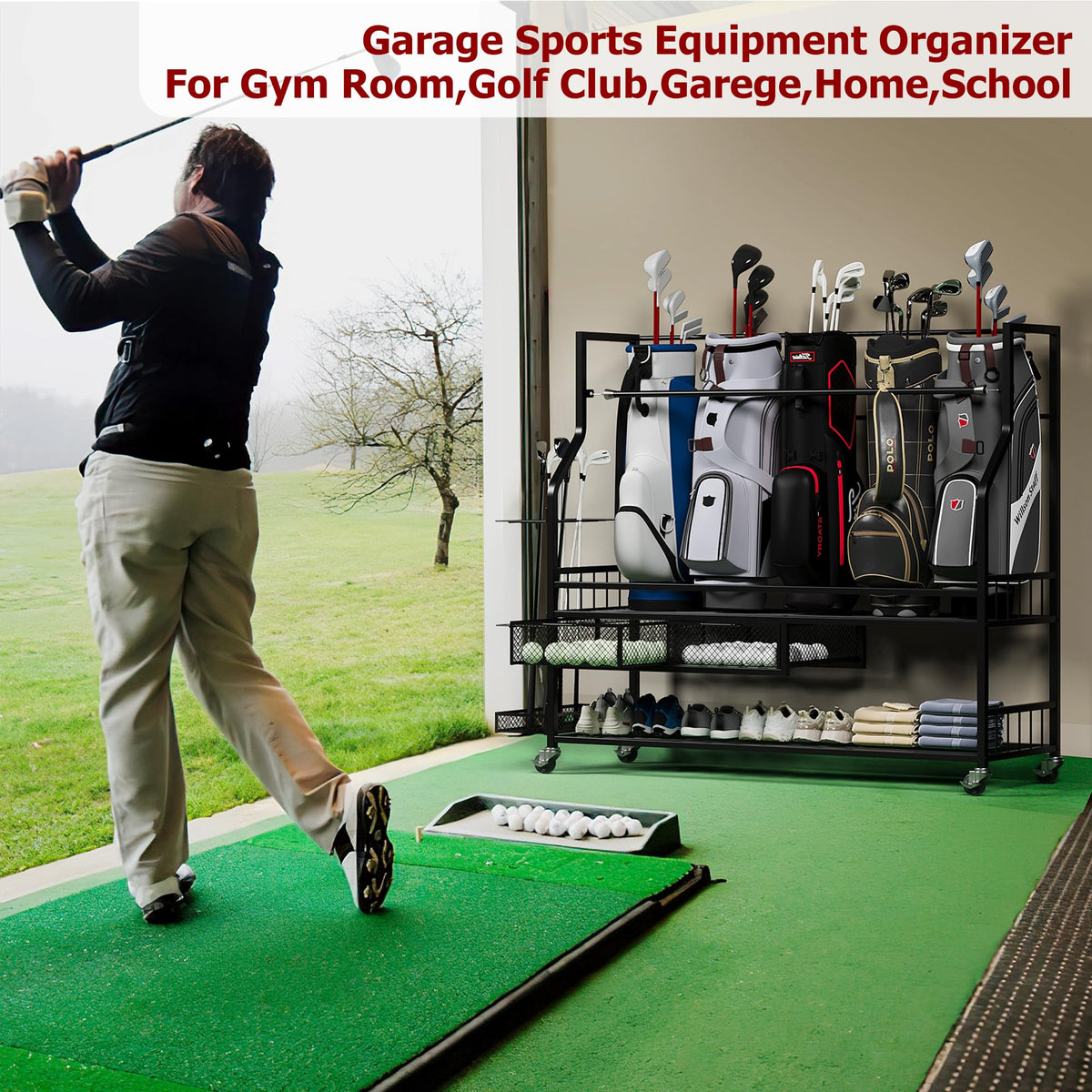 EliteEdge golf bag storage rack removable side rack adds flexible storage.