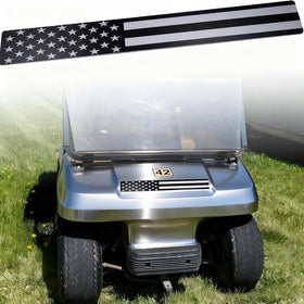 Emeland front name plate on Club Car DS with durable black and grey flag design.