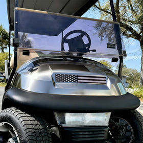Emeland Black and Grey Flag Front Name Plate for Club Car Precedent, a striking cart upgrade