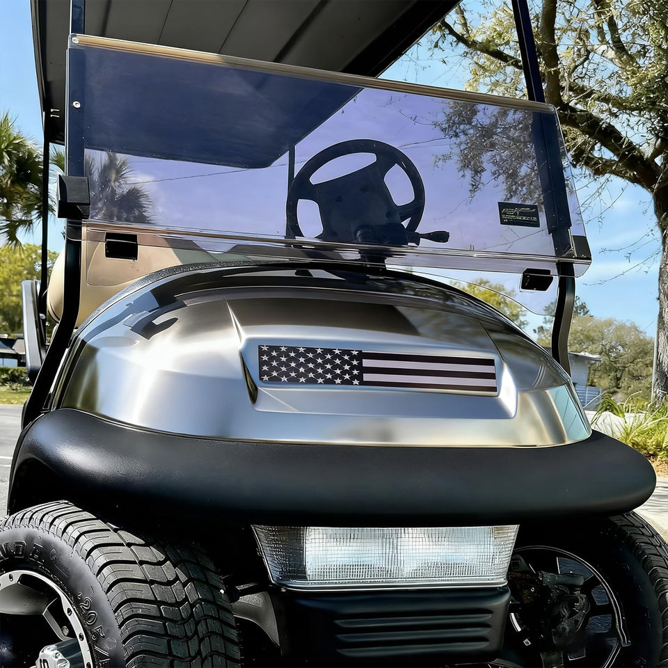 Emeland Black and Grey Flag Front Name Plate for Club Car Precedent, a striking cart upgrade