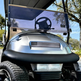 Emeland black-grey flag front name plate on a Club Car Precedent, enhancing customization and visibility