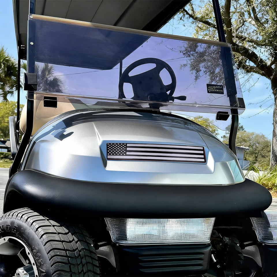 Emeland black-grey flag front name plate on a Club Car Precedent, enhancing customization and visibility