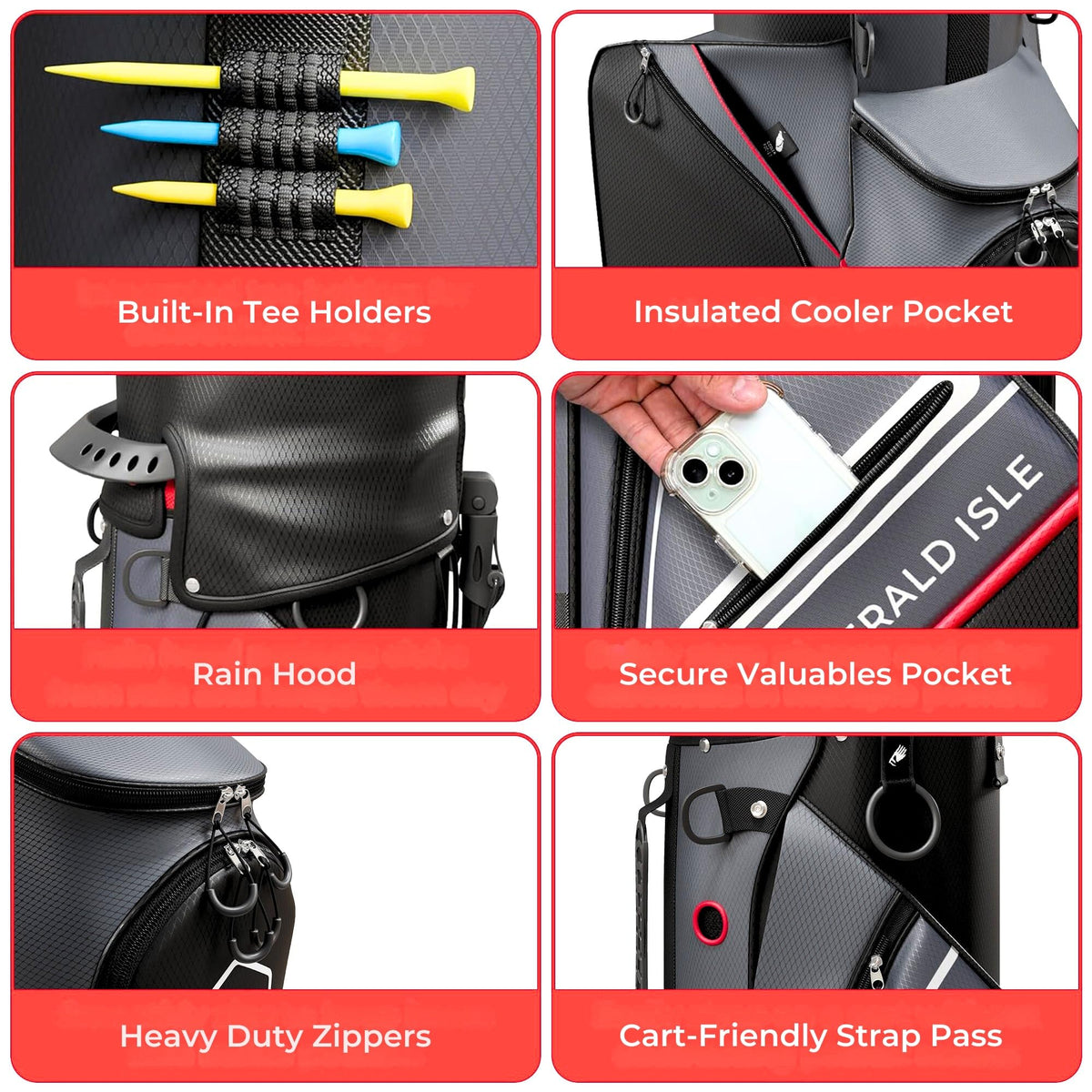 Emerald Isle cart strap-pass channel keeps pockets accessible