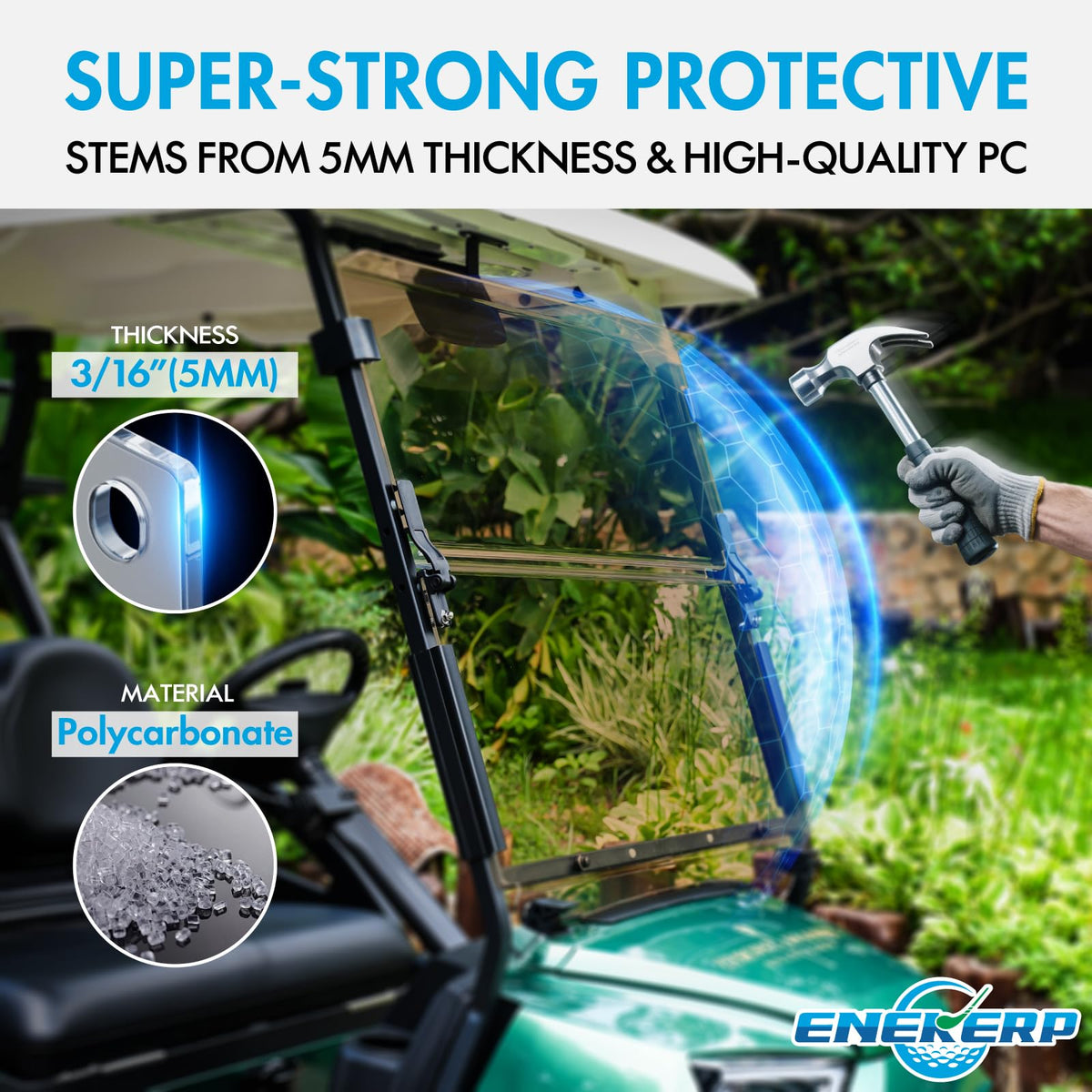 ENEKERP 5mm polycarbonate windshield offers durability and impact resistance.