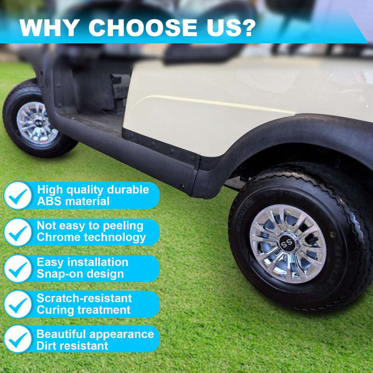 ENEKERP wheel covers compatible with Club Car EZGO Yamaha on 8-inch wheels.