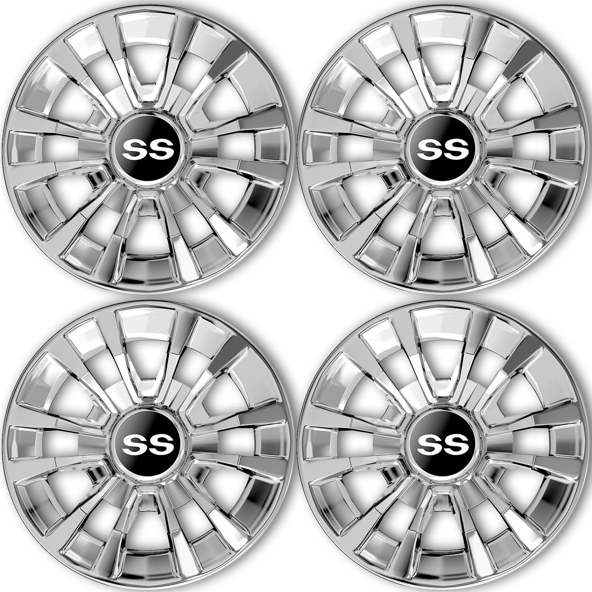 ENEKERP SS wheel covers front view on golf cart wheels showing secure fit and chrome shine.