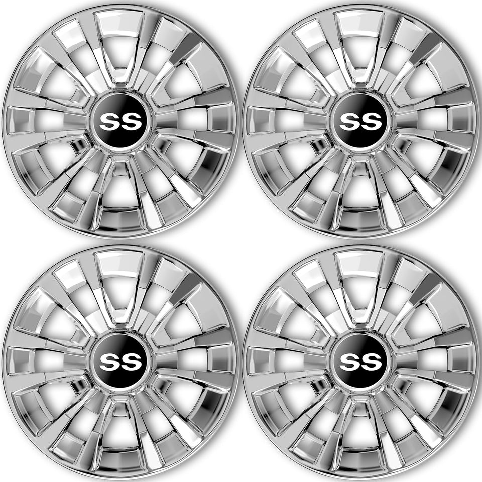 ENEKERP SS wheel covers front view on golf cart wheels showing secure fit and chrome shine.